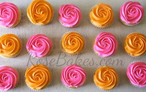 Pink and Orange Rose Cupcakes Pink And Orange Baby Shower Ideas, Pink And Orange Cupcakes, 40th Birthday Brunch, Cake Pops Baby Shower Girl, Bright Baby Shower, Pink Candy Apples, Roses Cupcakes, Cupcake Rosa, Pink Baby Shower Cake