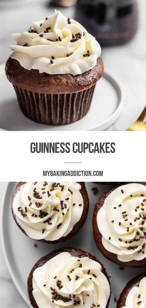 Rich, chocolatey cupcakes are made even better with Guinness! Top these Guinness Cupcakes with vanilla buttercream for a decadent St. Patrick’s Day dessert. Guinness Cupcakes, Cupcakes With Buttercream, Fun Cupcake Recipes, Eat Cupcakes, Homemade Cupcakes, Cupcake Recipes Chocolate, Beautiful Cupcakes, Dump Cake, Fun Cupcakes