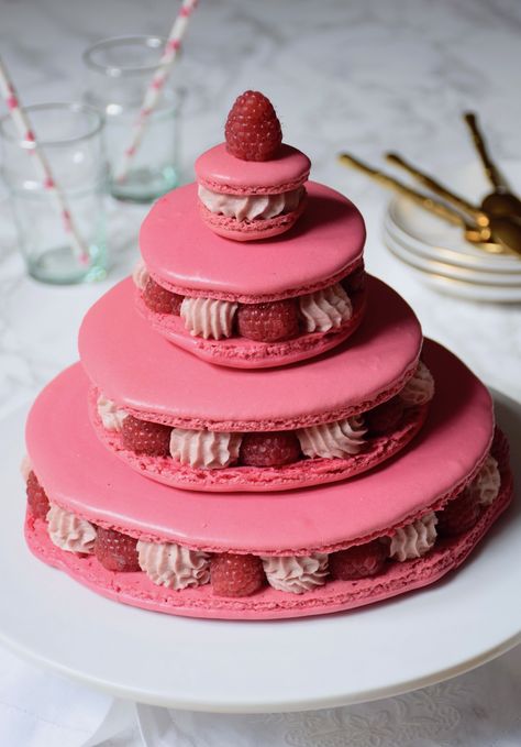 Macaron géant à étages framboise - Anne-Sophie - Fashion Cooking Macaron Torte, Easy Macaroons Recipe, French Macaroon Recipes, Macaroon Cake, Raspberry Desserts, Macaron Cake, Macaron Cookies, Macaroon Recipes, Macaron Recipe