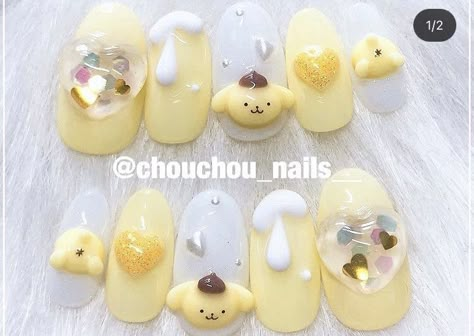 Yellow Fake Nails, Sanrio Nails Pompompurin, Yellow Kawaii Nails, Yellow Press On Nails, Pompompurin Nail Art, Pom Pom Purin Nails, Pompompurin Nails, Sanrio Nails, Fake Nails Designs