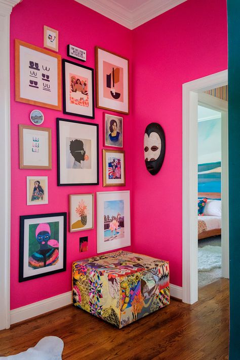 Hot Pink Wall Bedroom, Colorful Staircase Ideas, Bold Color Design, Hot Pink Bedroom Walls, Hot Pink Paint Colors, Pink Walls Bedroom, Hot Pink Living Room, Hot Pink Bedroom, Tropical Barbie