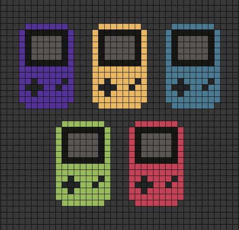 A pixel art, or perler beads template of all 5 Game Boy Colour systems, in the colours of grape (purple), dandelion (yellow), teal (cyan), kiwi (green) and berry (pink).

Works with perler beads. Pixel Art Grid Video Games, Pixel Art Background Easy, Perler Bead Patterns Nintendo, 8bit Art Pixel, Nintendo Perler Bead Patterns, Phone Pixel Art, Console Pixel Art, Gameboy Pixel Art, Pixel Art Video Games