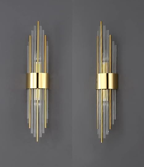 2-Light Modern Brushed Titanium Gold Wall Sconce with Clear Glass. Crystal Luxury Wall Light Fixtures for Bedroom, Living Room, Bathroom, Vanity Mirror or Hallway. Light Fixtures come with a Set of 2. Brand: SHAWNKEY Color: Gold Material: Stainless Steel Style: Modern Light fixture form: Sconce Luxury Wall Lights, Art Deco Wall Lights, Wall Lights Living Room, Wall Scones, Metal Wall Light, Modern Wall Lamp, Led Design, Wall Sconces Bedroom, Sconces Bedroom