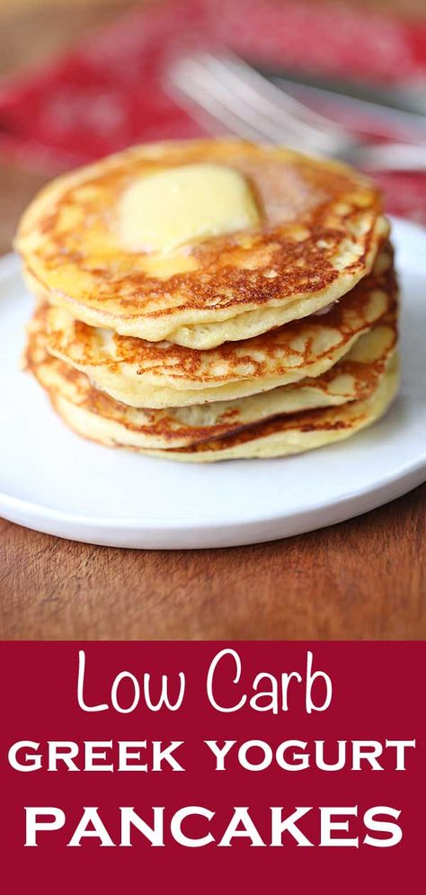 Light and tasty Greek yogurt pancakes are healthy, low carb and keto. The batter is unsweetened, so you can top them with the sweet low carb topping of your choice. Greek Yogurt Pancakes Healthy, Yogurt Pancakes Healthy, Greek Yogurt Pancakes Recipe, Low Carb Greek Yogurt, Greek Yogurt Pancakes, Almond Flour Pancakes, Pancakes Vegan, Yogurt Pancakes, Keto Pancakes