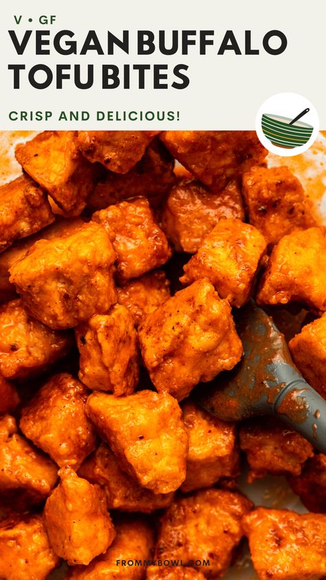 These crispy oven-baked Vegan Buffalo Tofu Bites are drenched in a spicy buffalo wing sauce and perfect as an appetizer or dinner protein! Tofu Buffalo Bites, Buffalo Tofu Air Fryer, Buffalo Tofu Recipes, General Tsaos Chicken Recipe, Crispy Buffalo Tofu, Tofu Meals, Tofu Snacks, Bday Food, Dinner Protein