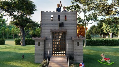 Backyard Castle Playhouse, Playhouse Outdoor Diy, Pirate Ship Playhouse Plans, Castle Playhouse Plans, Tree Forts, Internal Stairs, Wooden Outdoor Playhouse, Kids Playhouse Plans, Build A Castle