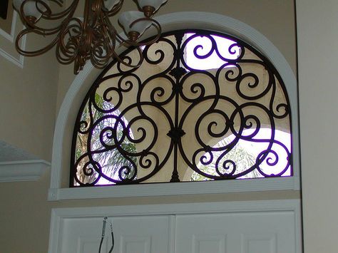 Faux Wrought Iron Arched Window Insert. by tvonschimo, via Flickr Transom Window Treatments, Faux Wrought Iron, Arched Window Coverings, Half Moon Window, Arched Window Treatments, Iron Window Grill, Moon Window, Faux Iron, Window Inserts