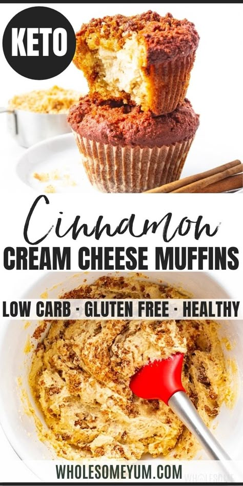 Low carb keto cinnamon cream cheese muffins are like an almond flour muffin crossed with streusel-topped coffee cake and filled with sweet cream cheese. #wholesomeyum Cinnamon Cream Cheese Muffins, Keto Muffin Recipe, Keto Cinnamon, Keto Treats, Cinnamon Cream Cheese, Low Fat Low Carb, Low Carb Low Fat Recipes, Wholesome Yum, Keto Cream