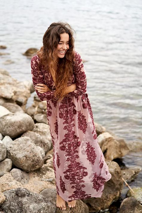 Temecula Maxi Dress | Free People Bohemian Formal Outfit, Fall Family Picture Dress, Boho Florals For Wedding, Modern Bohemian Style Clothing, Bohemian Wedding Guest Dress, Boho Long Sleeve Dress, Net Maxi, Formal Dress Wedding Guest, Comfortable Wedding Dress