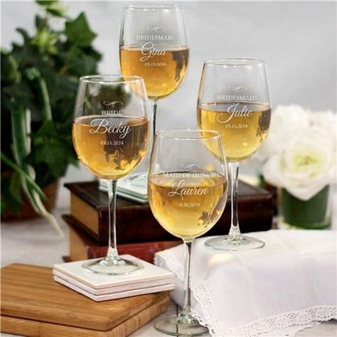 Make your bridesmaid gifts unforgettable with our elegant personalized wine glasses! Each glass stands 9 inches tall and holds a generous 19 ounces of your favorite wine, making it perfect for toasting, celebrating, and creating lasting memories. These beautiful goblets can be customized with a name, title (like Bridesmaid or Maid of Honor), and a special date to commemorate the occasion. The classic, sophisticated design adds a personal touch that your bridal party will love, making it a thoughtful keepsake for weddings, bridal showers, and special gatherings. Product Details: Size: 9 inches tall Capacity: 19 ounces Personalization: Add a name, title, and date for a unique gift Ideal for bridesmaids, maid of honor, or special wedding party gifts Raise a glass to friendship and celebrate i Custom Bridal Party Gifts, Engraved Wine Glasses, Bridesmaid Groomsmen Gifts, Custom Glassware, Bridesmaid Wine, Wedding Wine Glasses, Customized Bridesmaid Gifts, Personalised Glasses, Personalized Wine Glasses