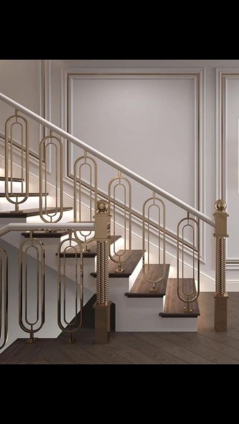 Staircase Grill Design, Gold Railing, Staircase Wall Design, درابزين السلم, Luxury Staircase, Home Gate Design, Handrail Design, Stairs Design Interior, Stair Railing Design