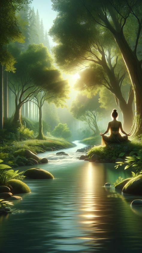 Experience tranquility with this image of a woman meditating by a stream in a lush forest. Surrounded by the serene beauty of nature, she finds peace and rejuvenation in the soothing sounds of flowing water and the gentle rustle of leaves. Ideal for those seeking inspiration for mindfulness and nature-based relaxation. Outdoor Meditation, Photo Yoga, Building Self Esteem, Meditation Apps, Spiritual Wellness, Spiritual Awareness, Physical Wellness, Guided Meditation, Transform Your Life