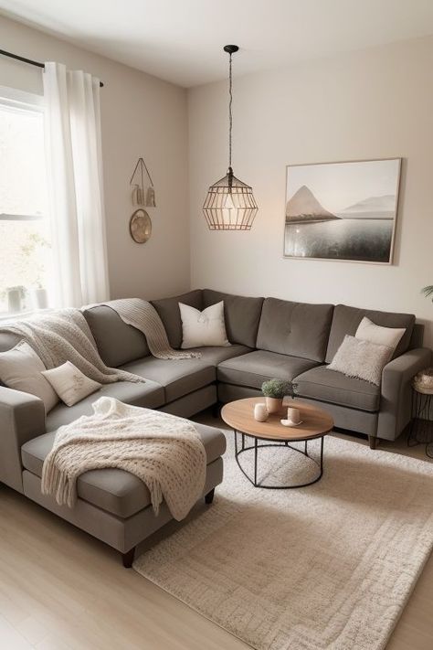 Rugs With Grey Sofa, Grey And Beige Interior, Cozy Living Room With Grey Couch, Grey Couch With Chaise, Cozy Living Room Grey Couch, Grey Couch Living Room Ideas Cozy, Beige Couch Living Room, Living Room Inspiration Grey, Grey And Brown Living Room