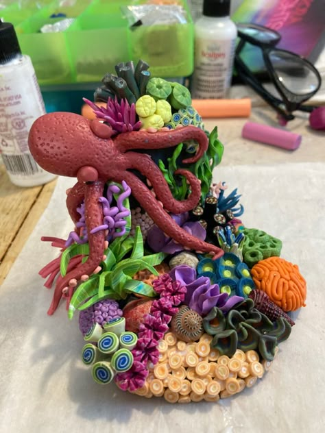 Polymer Clay Octopus, Clay Coral, Clay Octopus, Wedding Sculpture, Octopus Sculpture, Sea Cakes, Sea Crafts, Fondant Tutorial, Glass Art Projects