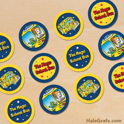 FREE Printable Magic School Bus Cupcake Toppers Magic School Bus Printables, Magic School Bus Theme Party, Magic School Bus Birthday Party, Magic School Bus Classroom Theme, Birthday Theme 4, Magic School Bus Party, School Bus Printable, School Bus Cake, School Bus Party