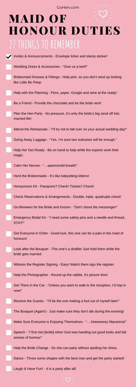 So your partner-in-crime is getting married and she’s asked you to be her maid of honor. Your role as the chief bridesmaid is to help alleviate the stress along the way and make sure it all runs as smoothly as possible. “But how?!” We hear you scream. Well, we’ve come up with a checklist for those all-important maid of honor duties, so you don’t feel too overwhelmed!  #maidofhonorduties #maidofhonor #bridesmaids #mohduties #weddingchecklist #checklist #bridesmaidchecklist Maid Of Honour Duties Checklist, How To Be A Good Maid Of Honor, Chief Bridesmaid Dresses Maid Of Honor, Bridesmaid Tasks List, Maid Of Honour Duties, Made Of Honor Duties, Maid Of Honor Dress Different, Maid Of Honor Checklist, Maid Of Honor Duties Checklist