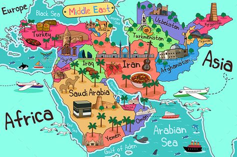 Middle East Countries Map in Cartoon Style Middle East Map Illustration, Middle East Map, World Map Continents, Middle East Countries, World Map With Countries, Cartoon Map, Geography For Kids, Geography Map, Maps For Kids