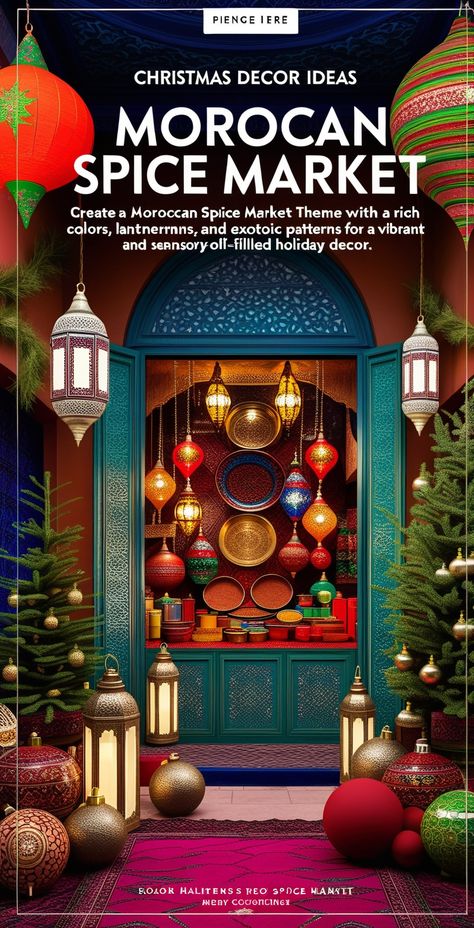 Create a Moroccan spice market theme with rich colors, lanterns, and exotic patterns for a vibrant and sensory-filled holiday decor.
#MoroccanXmas #SpiceMarketDecor #ExoticHoliday #ColorfulChristmas Light Up Presents, White Tinsel, Spice Market, Moroccan Spices, Exotic Holiday, Indoor Christmas, Lawn Decor, Christmas Decor Ideas, Rich Colors