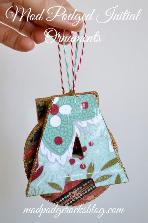 Personalized Letter Ornaments for the Whole Family - Mod Podge Rocks Initial Ornaments, Decoupage Letters, Initial Christmas Ornaments, Initials Ornament, Mod Podge Crafts, Letter Ornaments, Personalised Christmas Decorations, Ornament Tutorial, Christmas Crafts For Kids