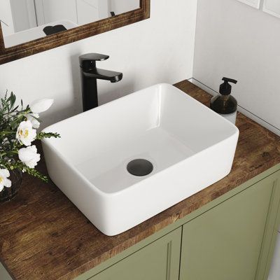 This rectangular countertop bathroom sink can provide a refined look for your bathroom decoration, which creates a beautiful balance between contemporary and classic design. With strong ceramic construction for dust-proof and stain-proof, this vessel sink always has a good performance in daily use. And the countertop installation way can minimize the effort for you to install the bathroom sink, which is an ideal choice for your bathroom decoration. | DeerValley Liberty 16" x 12" Rectangular Vitr Wood Bathroom Countertop Vessel Sink, Countertop Bathroom, Rectangular Sink Bathroom, White Faucet, Apron Sink Kitchen, How To Install Countertops, Vessel Sink Faucet, Vessel Bathroom Sink, Apartment Aesthetic