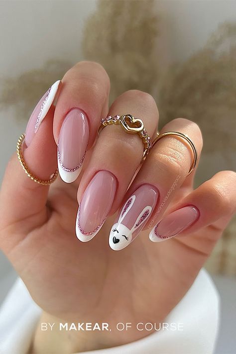 Long classic Easter white French tip nails with rose gold glitter and bunny nail art design Nails Design Spring, Pink Nails Design, Cute Pink Nails, Bunny Nails, Easter Nail Designs, Purple Nail Polish, Green Nail Designs, Polka Dot Nails, Creative Nail Designs