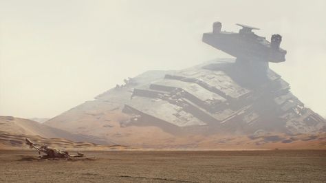 Star Wars, Episode Seven VII: The Force Awakens. A landspeeder crosses the backdrop of a downed Super Star Destroyer on the desert planet of Jakku. Imperial Star Destroyers, Star Wars Vii, Star Wars Gif, Film Technique, Star Wars 7, Billie Lourd, Dark Vador, Episode Vii, Star Wars Celebration