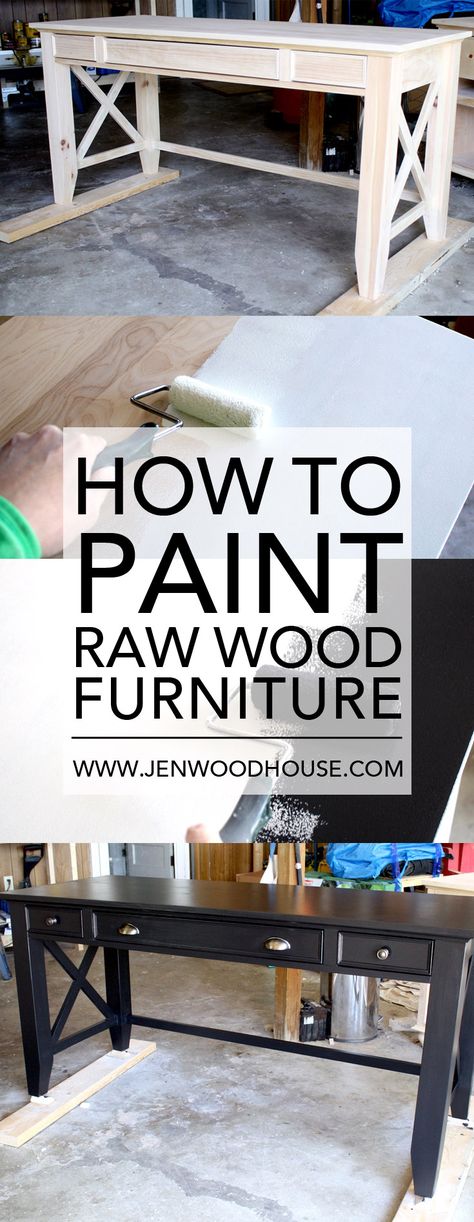 Great tutorial on how to paint raw wood furniture. She built the desk from scratch and gives you free plans and tutorial too! Raw Wood Furniture, Wood Furniture Plans, Unfinished Furniture, Wood Furniture Design, Cool Wood Projects, Free Plans, The Desk, Creative Furniture, Raw Wood