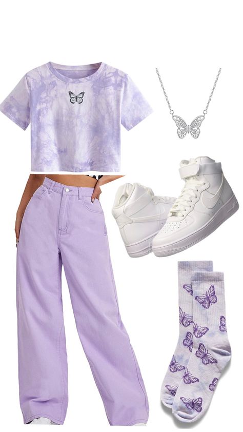 Purple colored jeans, purple butterfly graphic tshirt, purple butterfly socks, nike high tops, silvrer butterfly necklace Cute Butterfly Outfits, Purple Butterfly Outfit, Atheistic Outfits, Purple Tshirt Outfits, Purple Birthday Outfit, Purple Top Outfit, Comfy Outfit For School, Olivia Concert, Butterfly Socks