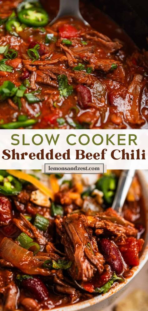 Slow Cooker Shredded Beef Chili Pulled Beef Chilli, Leftover Roast Beef Chili, Shredded Beef Soup, Shredded Beef Chili Recipe, Shredded Beef Chili, Slow Cooker Shredded Beef, Beef Chili Recipe, Searing Meat, Pulled Beef