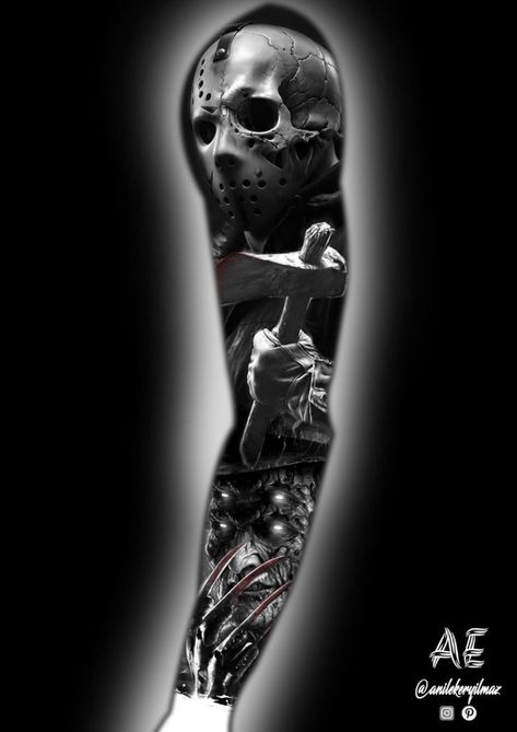 Freddie Cruger Tattoos, Horror Design Ideas, Horror Arm Sleeve Tattoo, Freddie Kruger Tattoo, Freddy Vs Jason Tattoo, Jason Tattoo Design, Hell Tattoo Ideas, Freddy Krueger Tattoo Design, Horror Leg Sleeve Tattoo