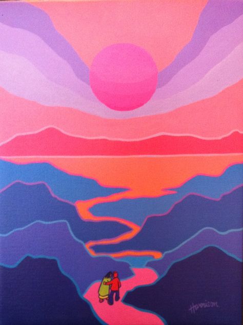 /Love In The Midnigh tSun. Ted Harrison. Canada Bright Canvas Art, Pop Art Painting Landscape, Colourful Pop Art, Ted Harrison Landscapes, Ted Harrison Paintings, Pop Art Landscape Paintings, Circle Landscape Painting, Indigenous Art Canada, Colourful Landscape Paintings