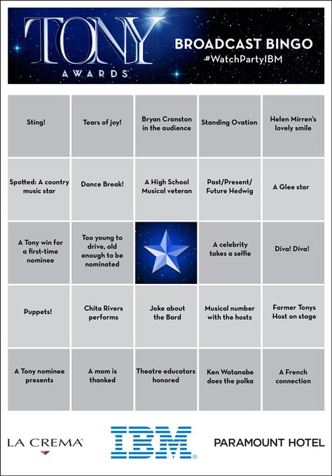 Tony Award Bingo Card Tony Awards Party Ideas, Tony Awards Party, 40th Party Ideas, Broadway Theme, Broadway Party, Gala Decorations, Sweet 16 Themes, Movie Themed Party, Musical Theatre Broadway