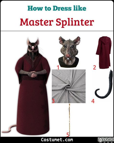 Master Splinter is a martial arts teacher who wears a maroon robe. To cop his look, get a special rat mask and matching tail.           #TeenageMutantNinjaTurtles #male #movies #animal #comics #pet #Japanese #TeenageMutantNinjaTurtles #rat Diy Master Splinter Costume, Tmnt Splinter Costume, Splinter Halloween Costume, Splinter Costume Diy, Master Splinter Costume, Splinter Costume, Mutant Ninja Turtles Costume, Rat Mask, Ninja Turtles Splinter