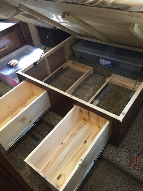 Mods to Make Lower Cabinet Space into Drawers - Jayco RV Owners Forum Rv Under Bed Storage Ideas Diy, Camper Under Bed Storage, Rv Under Bed Storage Ideas, Rv Closet Remodel, Rv Organization Ideas, Camper Painting, Rv Modifications, Build Drawers, Camper Organization Rv Living