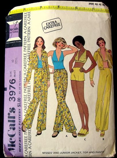 McCall's 3976, ©1974; Misses' and Junior Jacket, Top and Pants. Collared and buttoned jacket has bands, sleeves pleated into buttoned cuffs. Halter top buttons in back. Pants have side zipper. insert your photos of this pattern using the button below! [insert your username, and make sure your preferences allow for people to contact you via e-mail. Do not list your email address here!] 40s Mode, 1970s Jacket, Mccalls Patterns Vintage, 70s Patterns, Retro Sewing Patterns, Jacket Pattern Sewing, Mccalls Sewing Patterns, Motif Vintage, Mccalls Patterns