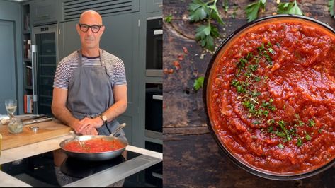 Stanley Tucci Shares His Marinara Sauce Recipe Stanley Tucci Marinara Sauce, Stanley Tucci Meatballs, Stanley Tucci Kitchen, Stanley Tucci Recipes, Tucci Recipes, Italian Sauces, Marinara Sauce Recipe, Celebrity Recipes, Stanley Tucci