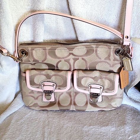 Coach Bag Brand New Pink Trim. Long Strap Is Removal 2 Pockets In Front With Closers Sliver Trim Couch Bag, Purse Aesthetic, Brown Coach Purse, Shoes Outfit Fashion, Vintage Coach Bags, Girly Bags, Bags Coach, Pink Trim, Pretty Bags