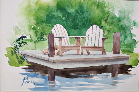 ADIRONDACK CHAIRS Original Watercolor Painting, Lakeside Deck with Chairs, Boat Dock, Lake Scene by JohnFurseArt on Etsy Diy Sketches, Lakeside Deck, Kentucky Artists, Dock Lake, Barn Party, Lake Dock, Lake Scene, Watercolor Birthday Cards, Barn Parties