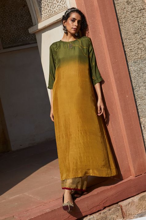 Shop for these amazing collections of Yellow Habutai Silk Round Tunic For Women by Medha online at Aza Fashions. Linen Style Fashion, Bandhani Print, Stylish Kurtis Design, Simple Kurti Designs, Long Kurti, Long Kurti Designs, Casual Indian Fashion, Kurti Designs Party Wear, Kurta Designs Women