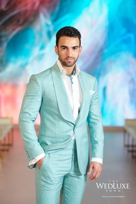 #wedluxe #wedluxemagazine #kingandbay #formalwear #menswear #turquoise #runway Aqua Dress Outfit, Mens Groom Suit, Beach Wedding Groom Attire, Turquoise Suit, Aqua Blue Wedding, Turquoise Clothes, Aqua Blue Dress, Blue Dress Outfits, Gala Themes