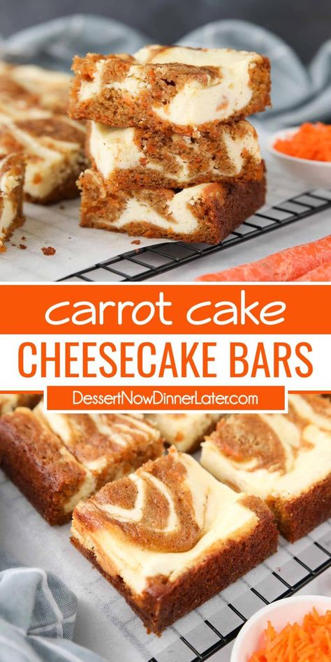 Carrot Cake Cheesecake Bars combine a simple spiced carrot cake with a creamy vanilla cheesecake. The two batters are swirled together to make the most delicious and beautiful marbled carrot cake blondies. #CoffeeComplements Carrot Cake Cheesecake Bars, Carrot Cake Dessert, Quick Cheesecake, Carrot Cheesecake, Spiced Carrot Cake, Fluffy Cream Cheese Frosting, Bars Dessert, Cream Cheese Bars, Carrot Spice Cake