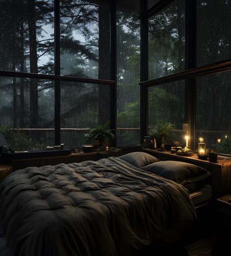 Cabin In The Woods Aesthetic Dark, Dark Cozy Room, Forest House Aesthetic, Sleep Playlist, Bedroom Aesthetic Dark, Dark Bedroom Aesthetic, Rainy Forest, Rain Sleep, Dark Cozy Bedroom