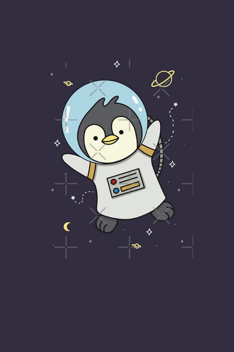 Space baby penguin is ready for new adventures ! This cute little penguin is happy to go to space. Follow him through his journey in space ! Pinguin Wallpapers, Penguin Astronaut, Space Penguin, Animal Astronaut, Penguin Wallpaper, Illustration Space, Penguin Tattoo, Happy Penguin, Astronaut Illustration