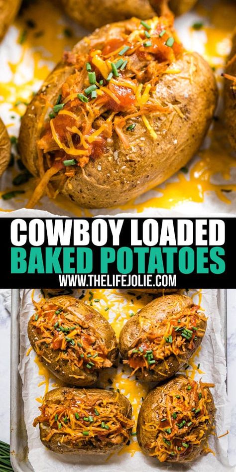 This BBQ Loaded Baked Potato Recipe is an easy throw-together dinner that's also an excellent way to repurpose leftovers. Full of all the delicious BBQ flavors we all know and love, this is a total weeknight winner! Bbq Baked Potatoes, Pulled Pork Bbq Sauce, Baked Potato Dinner, Easy Pulled Pork Recipe, Baked Potato Recipe, Repurpose Leftovers, Baked Potato Bar, Bbq Potatoes, Perfect Baked Potato