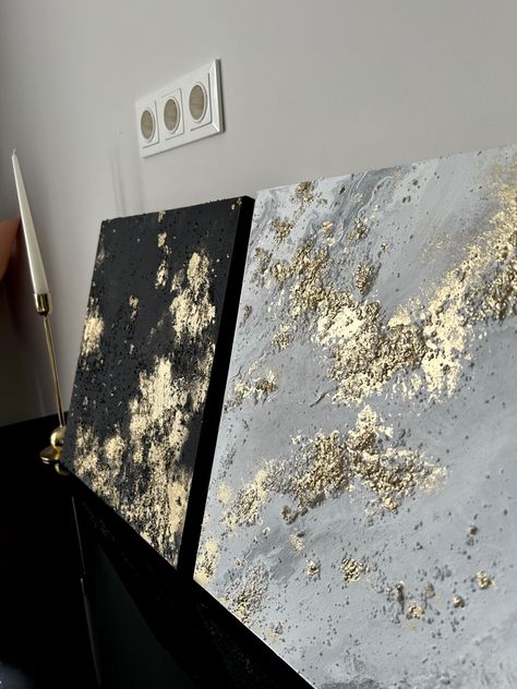 Set of 2 white Gray textured Gold leaf abstract painting Diptych original handmade two piece Textured art Living Room aesthetic Luxurious wall art Gold Leaf Abstract Painting, Room Makeover Black, Gold Decor Ideas, Black And Gold Painting, Oversized Wall Decor, Gold Abstract Art, Abstract Painting Acrylic Modern, 2 Piece Painting, White Living Room Decor