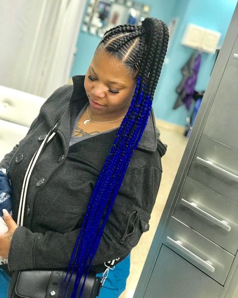 ✨STL Braider Kiara✨ on Instagram: “Extended ombré ponytail 💙 #stlstylist #stitchbraids #stlbraider #stlbraids #ombrehair #bluehair #explorepage #feedinbraids #dopebraids…” Feed In Ponytail With Color, High Braids Ponytail, Ombré Braids, Cornrows Natural, Braided Ponytails, Ombre Braid, Blue Ombre Hair, Hair Brooch, Pony Tails