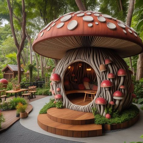 Transform Your Backyard with a Mushroom-Shaped Garden Den Diy Mushroom Playhouse, Outdoor Mushroom Garden, Mushrooms House, Mushroom Furniture, Eco Friendly Mushroom House, Mushroom Inspired Architecture, Mushroom Tent, Prehistoric Jungle, Mushroom Chair