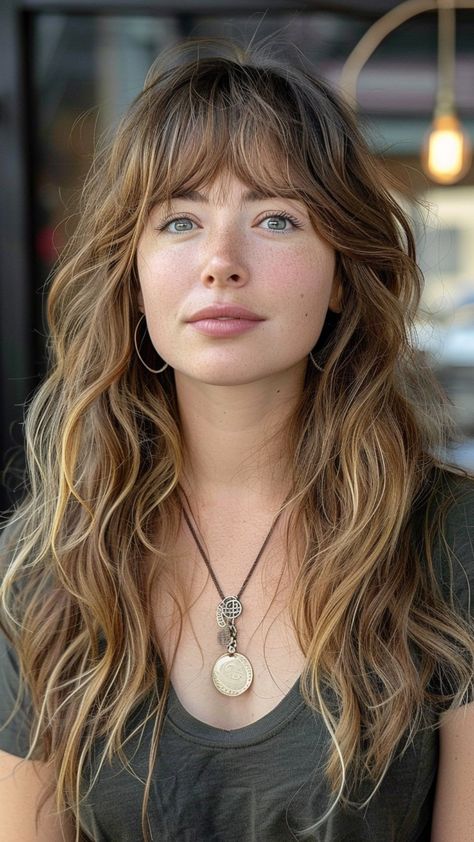 25 Long Hairstyles That Highlight Your Round Face Long Shag Haircut With Full Bangs, Long Hair Layers Bangs Round Face, Shag Hairstyles Long With Bangs, Long Shag Haircut With Bangs Thick Hair, Long Shag Side Bangs, Womens 70s Hair, Long Haircut With Volume, Long Shag Haircut Round Face, Extra Long Shag Haircut