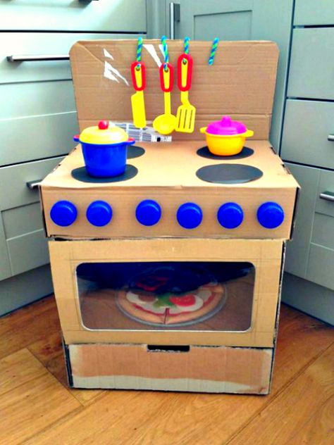 Homemade DIY cardboard box stove wth oven for #kids Cardboard Kitchen, Diy Cardboard Toys, Diy Toy Storage, Toy Storage Solutions, Cardboard Box Crafts, Cardboard Toys, Toilet Paper Roll Crafts, Paper Roll Crafts, Diy Cardboard