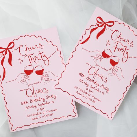 🎉 Cheers to thirty and fabulous! Celebrate your milestone birthday with our stunning invitation designs. Whether it's your 30th or 40th, make it memorable with wine and laughter. These hand drawn invites are whimsical red waves adorned with a charming bow. Get ready to toast to a new decade in style! 🍷✨ #CheersToThirty #BirthdayInvitations . . . . . . #BirthdayInvitation #30thBirthday #40thBirthday #MilestoneBirthday #BirthdayParty #BirthdayCelebration #BirthdayIdeas #PartyInvitation #CustomI... Wine Birthday Theme, 30th Birthday Board, Red Birthday Theme, Wine Invitation, Birthday Card Invitation, 28 Birthday, Red Waves, Birthday Club, 28th Birthday